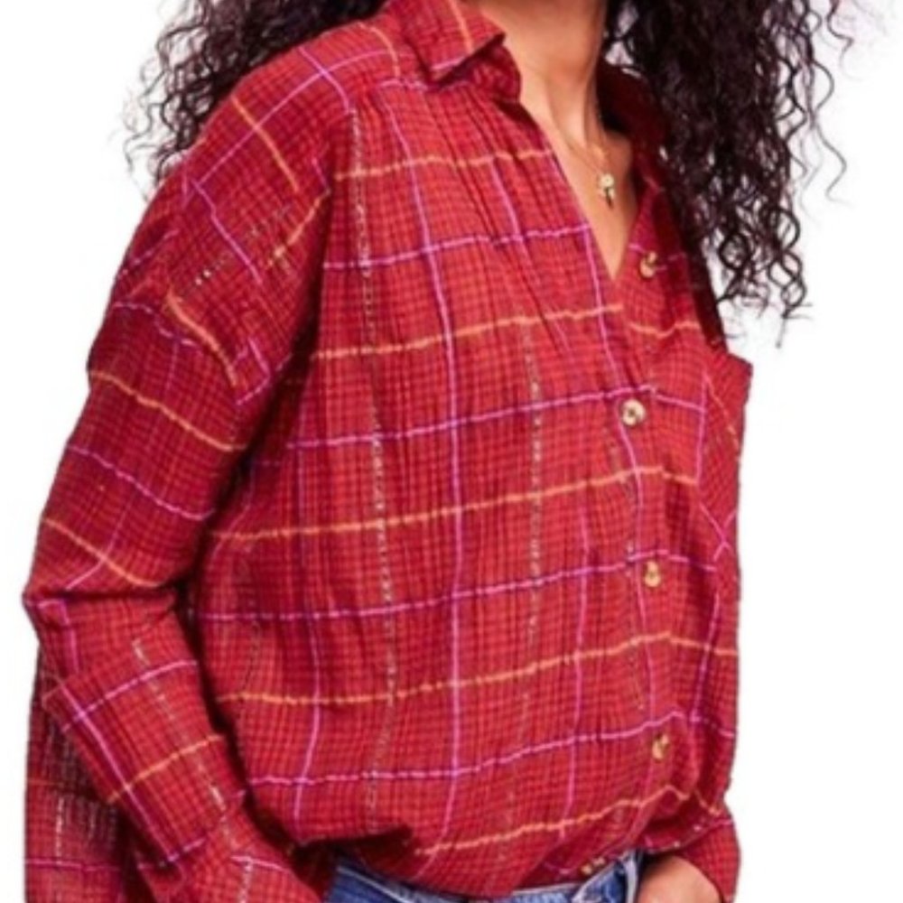 Free People Red Gauzy Plaid Long Sleeve Shirt L